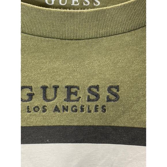 GUESS Men's Olive Green Striped Crewneck Short Sleeve T-Shirt SZ M - Picture 14 of 14